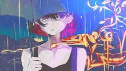 Rule 34 | 1girl, bare shoulders, black hair, black tank top, blue umbrella, blurry, blurry foreground, breasts, cleavage, closed mouth, collarbone, commentary request, copyright request, depth of field, hair between eyes, heremia, highres, holding, holding umbrella, looking at viewer, multicolored hair, purple eyes, rain, red hair, solo, tank top, two-tone hair, umbrella, upper body