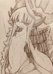 Rule 34 | 1other, animal ears, blunt bangs, body fur, furry, hat, highres, looking at viewer, made in abyss, mitsuba-sama (milkba-ng), monochrome, nanachi (made in abyss), navel, nipples, open mouth, short hair, sketch, smile, solo, stomach, whiskers