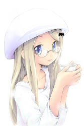 Rule 34 | 1girl, blonde hair, blue eyes, cup, drink, glasses, ham (points), hat, little busters!, long hair, noumi kudryavka, solo
