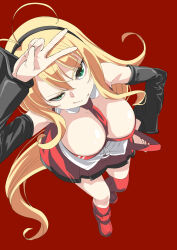 Rule 34 | 1girl, antenna hair, bare shoulders, blonde hair, boots, breasts, cleavage, collar, detached sleeves, green eyes, hair between eyes, hairband, highres, large breasts, long hair, looking at viewer, looking up, mukai, necktie, red background, single thighhigh, skirt, sleeveless, solo, thighhighs, tsurumaki maki, v, very long hair, voiceroid, wide sleeves