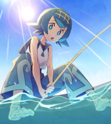 Rule 34 | 1girl, bare arms, barefoot, black one-piece swimsuit, blue eyes, blue hair, blue pants, blue sailor collar, bright pupils, commentary, creatures (company), day, eyelashes, fishing rod, freckles, from below, game freak, hairband, holding, holding fishing rod, lana (pokemon), lens flare, looking at viewer, momoji (lobolobo2010), nintendo, no sclera, one-piece swimsuit, open mouth, outdoors, pants, pokemon, pokemon sm, sailor collar, shirt, short hair, sky, sleeveless, sleeveless shirt, soaking feet, solo, sun, swimsuit, swimsuit under clothes, toes, tongue, twitter username, water, white pupils, white shirt, yellow hairband