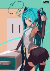 Rule 34 | 1girl, 999 ducati, absurdres, android, aqua eyes, aqua hair, aqua necktie, arched back, bad anatomy, bare shoulders, black sleeves, black thighhighs, commentary, cowboy shot, detached sleeves, electric plug, electrical outlet, furrowed brow, hair ornament, hatsune miku, highres, long hair, mini person, minigirl, miniskirt, necktie, shirt, skirt, sleeveless, sleeveless shirt, solo, squiggle, standing, thighhighs, twintails, twisted torso, usb, very long hair, vocaloid, white shirt, zettai ryouiki