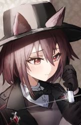 Rule 34 | 1girl, animal ear fluff, animal ears, arknights, black bow, black bowtie, black gloves, black hat, black jacket, blush, bow, bowtie, cat ears, closed mouth, dagger, ears through headwear, fedora, glint, gloves, hair between eyes, hat, highres, holding, holding weapon, horn/wood, jacket, knife, lens flare, melantha (arknights), melantha (letters from wessex) (arknights), official alternate costume, open clothes, open jacket, purple hair, red eyes, short hair, solo, upper body, weapon