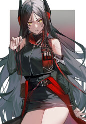 Rule 34 | 1girl, 252 gishiki, absurdres, arknights, bare shoulders, belt, black belt, black hair, black skirt, border, commentary, cowboy shot, demon girl, detached sleeves, gradient background, grey background, highres, horns, ines (arknights), long hair, looking at viewer, parted bangs, parted lips, pouch, red background, skirt, solo, striped, very long hair, yellow eyes