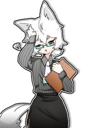 Rule 34 | 1girl, animal ears, black skirt, clipboard, collared shirt, expectations/reality, grey shirt, hand on own head, highres, holding, holding clipboard, id card, necktie, office lady, parted lips, phase connect, shirt, skirt, solo, tail, tenma maemi, tenma maemi (artist), v-shaped eyebrows, virtual youtuber, white hair, white necktie