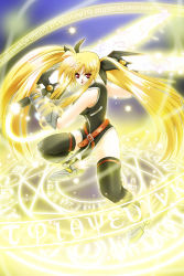 Rule 34 | 00s, 1girl, angry, bardiche (nanoha), bardiche (riot zanber stinger) (nanoha), blonde hair, energy sword, fate testarossa, fate testarossa (true sonic form), gauntlets, long hair, lyrical nanoha, magic circle, mahou shoujo lyrical nanoha, mahou shoujo lyrical nanoha strikers, octagram, open mouth, red eyes, solo, sword, thighhighs, twintails, very long hair, weapon, yellow theme