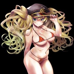 Rule 34 | 1girl, absurdres, arm behind back, bikini, black background, blonde hair, breasts, granblue fantasy, hat, hat tip, highres, large breasts, long hair, mahan, monica (granblue fantasy), peaked cap, shaded face, skindentation, split mouth, swimsuit, twintails