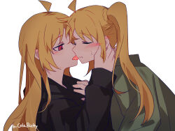 Rule 34 | 2girls, ahoge, black hoodie, blonde hair, blush, bocchi the rock!, chinese commentary, closed eyes, closed mouth, commentary request, green hoodie, highres, hood, hoodie, ijichi nijika, ijichi seika, incest, licking, licking another&#039;s face, long hair, multiple girls, red eyes, siblings, side ponytail, simple background, sisters, sweat, tongue, tongue out, upper body, white background, xmyishipi, yuri
