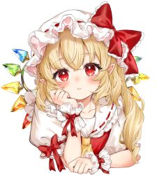 Rule 34 | 1girl, blonde hair, bow, flandre scarlet, hat, hat bow, highres, jacket, long hair, looking at viewer, mob cap, paragasu (parags112), rainbow wings, red bow, red eyes, red jacket, solo, touhou, white background, white hat