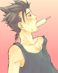 Rule 34 | 00s, 1boy, akagi haruna, bare shoulders, blush, brown eyes, brown hair, food, gradient background, lloyd irving, male focus, popsicle, profile, sexually suggestive, short hair, solo, spiked hair, sweat, tales of (series), tales of symphonia, tank top