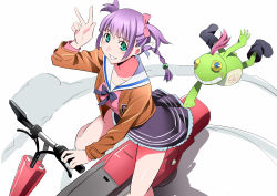 Rule 34 | 10s, 1girl, absurdres, akechi shizuku, aqua eyes, bad id, bad pixiv id, blue eyes, boots, bow, bowtie, frog, hair bow, hair ornament, highres, hover bike, jacket, looking at viewer, miniskirt, motor vehicle, nanajiinyi, purple hair, quad tails, scooter, skirt, solo, sudou cecil, v, vehicle, wizard barristers: benmashi cecil