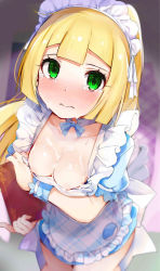 Rule 34 | blonde hair, blush, breasts, breasts out, creatures (company), cum, cum on body, cum on breasts, cum on upper body, female focus, game freak, green eyes, highres, lillie (pokemon), long hair, looking at viewer, medium breasts, nintendo, pokemon, pokemon sm, rouka (akatyann), tearing up, tears, waitress, waitress uniform, wavy mouth