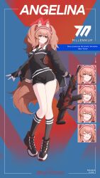 Rule 34 | 1girl, absurdres, angelina (arknights), animal ears, arknights, black footwear, black necktie, black shirt, black shorts, black socks, blush, breasts, brown eyes, brown hair, character name, dated, expressions, fluffy, fox ears, fox girl, fox tail, full body, gun, hairband, highres, holding, holding gun, holding weapon, jacket, kneehighs, large tail, long hair, long sleeves, necktie, open clothes, open jacket, red hairband, red jacket, shirt, shorts, small breasts, smile, socks, solo, standing, starelium, striped clothes, striped hairband, tail, twintails, weapon