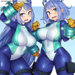Rule 34 | 2girls, blue bodysuit, blue eyes, blue hair, bodysuit, boku no hero academia, breasts, clenched hands, covered collarbone, covered navel, curvy, gloves, green bodysuit, hadou nejire, impossible clothes, large breasts, multicolored bodysuit, multicolored clothes, multiple girls, saltydanshark, salute, skin tight, superhero costume, thick thighs, thigh strap, thighs, time paradox, wide hips, yellow gloves