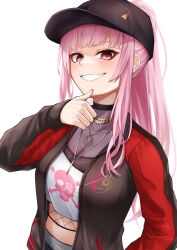 Rule 34 | 1girl, baseball cap, black hat, blush, crop top, grin, hat, highres, hololive, hololive english, jacket, kouyadoufu, long hair, long sleeves, looking at viewer, mori calliope, mori calliope (streetwear), navel, open clothes, open jacket, pink hair, ponytail, raglan sleeves, red eyes, simple background, smile, solo, stomach, upper body, very long hair, virtual youtuber, white background
