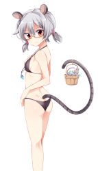 Rule 34 | 1girl, animal ears, ass, bare shoulders, bespectacled, bikini, black bikini, blush, breasts, bucket, glasses, grey hair, halterneck, highres, jewelry, looking at viewer, low twintails, maturiuta sorato, mouse (animal), mouse ears, mouse tail, nazrin, pendant, red-framed eyewear, red eyes, semi-rimless eyewear, sideboob, simple background, small breasts, solo, standing, swimsuit, tail, touhou, twintails, under-rim eyewear, water, wavy mouth, white background
