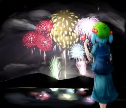 Rule 34 | 1girl, absurdres, backpack, bad id, bad pixiv id, bag, blue dress, blue hair, candy, candy apple, cloud, cloudy sky, dress, festival, food, from behind, hair bobbles, hair ornament, hat, highres, kawashiro nitori, mountain, night, night sky, ocean, reflection, remomiru, scenery, short hair, short sleeves, skirt, skirt set, sky, sleeves rolled up, sparkle, star (sky), starry sky, touhou, twintails, two side up, water