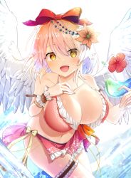 Rule 34 | 1girl, :d, angel wings, bikini, blonde hair, bow, bracelet, breasts, cleavage, cup, day, drinking glass, flower, frilled bikini, frilled bracelet, frills, gengetsu (touhou), hair bow, hair flower, hair ornament, holding, holding cup, jewelry, large breasts, looking at viewer, ocean, open mouth, red bow, ribbon, sea scorpion (umisasori), short hair, smile, solo, summer, swimsuit, touhou, touhou (pc-98), wings, yellow eyes
