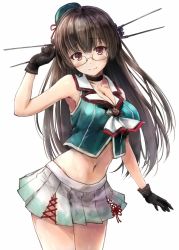 Rule 34 | 10s, 1girl, armpits, ascot, bare shoulders, beret, black gloves, blush, breasts, brooch, brown eyes, brown hair, choker, choukai (kancolle), choukai kai ni (kancolle), cleavage, cowboy shot, crop top, glasses, gloves, hat, headgear, highres, jewelry, kantai collection, large breasts, long hair, looking at viewer, midriff, miniskirt, navel, pleated skirt, school uniform, serafuku, skirt, sleeveless, smile, solo, suien, white background, white skirt