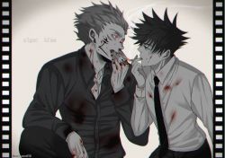 Rule 34 | 2boys, arm tattoo, blood, blood on clothes, blood on face, blood on hands, cigarette, cigarette kiss, commentary request, couple, dress, eyelashes, facial tattoo, fingernails, fushiguro megumi, green eyes, hair between eyes, highres, holding, holding cigarette, jewelry, jujutsu kaisen, long sleeves, looking at another, male focus, multiple boys, nail polish, necktie, pants, red eyes, ring, ryoumen sukuna (jujutsu kaisen), sato zero915, short hair, smoke, smoking, spiked hair, tattoo, yaoi
