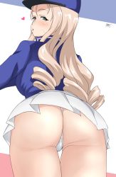 Rule 34 | 1girl, ass, bc freedom military uniform, blonde hair, blue hat, blush, breasts, daroon5, drill hair, female focus, girls und panzer, green eyes, half-closed eyes, hat, heart, heart-shaped pupils, highres, long hair, looking at viewer, looking back, marie (girls und panzer), microskirt, military, military uniform, open mouth, panties, pleated skirt, skirt, small breasts, solo, symbol-shaped pupils, thong, underwear, uniform, white panties, white skirt