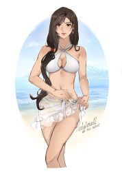 Rule 34 | 1girl, alternate costume, artist name, bare arms, bare shoulders, beach, bikini, black hair, blue sky, breasts, brown hair, cleavage, closed mouth, cloud, cloudy sky, commentary, commission, criss-cross halter, earrings, english commentary, feet out of frame, final fantasy, final fantasy vii, final fantasy vii rebirth, final fantasy vii remake, hair over shoulder, halterneck, highres, jewelry, large breasts, long hair, looking at viewer, navel, ocean, pudelmudel, red eyes, sand, sarong, see-through, see-through sarong, single earring, sky, solo, stomach, swept bangs, swimsuit, teardrop earrings, tifa lockhart, very long hair, white bikini, white sarong