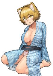 Rule 34 | 1girl, :o, absurdres, animal ear fluff, animal ears, bad feet, barefoot, blonde hair, blush, breasts, chanta (ayatakaoisii), cleavage, collarbone, fox ears, full body, highres, japanese clothes, kimono, large breasts, looking at viewer, navel, no bra, no headwear, no tail, open clothes, open kimono, open mouth, panties, short hair, simple background, sitting, slit pupils, solo, sweat, toes, touhou, underwear, wariza, white background, white panties, yakumo ran, yellow eyes, yukata