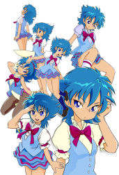 Rule 34 | 10s, 1girl, alternate costume, animal ears, blue eyes, blue hair, fake animal ears, happy, highres, leotard, matching hair/eyes, multiple persona, nishijima waon, playboy bunny, precure, rabbit ears, ribbon, school uniform, serious, shirt, shoes, short hair, simple background, skirt, smile, socks, solo, suite precure, tospal, white background, wrist cuffs