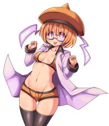 Rule 34 | 1girl, black thighhighs, borokuro, breasts, brown hat, cleavage, creatures (company), game freak, gen 4 pokemon, groin, hands up, hat, highres, lab coat, looking at viewer, midriff, navel, nintendo, open clothes, orange hair, orange hat, orange shorts, personification, pokemon, purple-framed eyewear, purple eyes, rotom, rotom (normal), short hair, short shorts, shorts, small breasts, solo, standing, thighhighs, tongue, tongue out