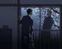 Rule 34 | 2boys, akaashi keiji, bikkusama, bokuto koutarou, haikyuu!!, looking at another, multiple boys, sliding doors, smile, window