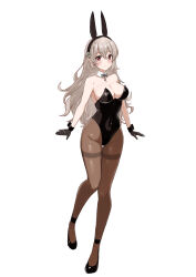Rule 34 | 1girl, absurdres, alternate costume, animal ears, aotsuba, black footwear, black gloves, black leotard, black ribbon, breasts, cleavage, commentary request, commission, corrin (female) (fire emblem), corrin (fire emblem), detached collar, fake animal ears, fire emblem, fire emblem fates, gloves, grey hair, high heels, highres, large breasts, leotard, long hair, looking at viewer, nintendo, pantyhose, playboy bunny, pointy ears, rabbit ears, red eyes, ribbon, shoes, simple background, skeb commission, solo, standing, standing on one leg, strapless, strapless leotard, thighband pantyhose, white background