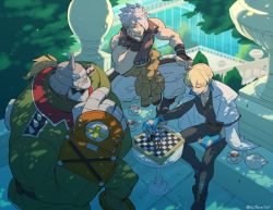 Rule 34 | 3boys, arm guards, arm support, asaya minoru, bare shoulders, black footwear, black pants, black shirt, blonde hair, blue gloves, blurry, blurry background, board game, chess, chess piece, chessboard, chipp zanuff, closed eyes, closed mouth, cross, cup, day, depth of field, fingerless gloves, gloves, green jacket, green pants, grey hair, guilty gear, guilty gear strive, hair between eyes, helmet, jacket, jacket on shoulders, ky kiske, latin cross, long sleeves, male focus, multiple boys, outdoors, pants, parted lips, potemkin (guilty gear), railing, red eyes, saucer, shirt, shoes, sitting, sleeveless, sleeveless shirt, spiked helmet, table, tea, teacup, teapot, tree shade, twitter username, white jacket, white pants