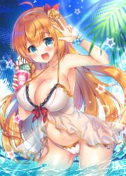 Rule 34 | 1girl, ahoge, arm up, armpits, babydoll, bikini, blue eyes, blue sky, blush, breasts, cameltoe, cleavage, cloud, cloudy sky, collarbone, commentary request, cup, day, flower, food, hair between eyes, hair flower, hair ornament, hairband, highres, holding, holding cup, ice cream, large breasts, light rays, long hair, looking at viewer, navel, open mouth, orange hair, palm tree, partially submerged, pecorine (princess connect!), pecorine (summer) (princess connect!), princess connect!, side-tie bikini bottom, sky, solo, star (symbol), sunbeam, sunlight, suzunone rena, swimsuit, tree, v, very long hair, wading, water, white bikini