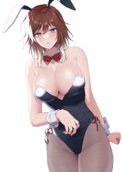 Rule 34 | 1girl, absurdres, aketa mikoto, animal ears, bare arms, bare shoulders, black hairband, black leotard, blush, bow, bowtie, breasts, brown eyes, brown hair, brown pantyhose, cleavage, cowboy shot, detached collar, fake animal ears, hair between eyes, hairband, highleg, highleg leotard, highres, hourai ninjin, idolmaster, idolmaster shiny colors, large breasts, leotard, looking at viewer, medium hair, pantyhose, parted lips, playboy bunny, rabbit ears, red bow, red bowtie, red ribbon, ribbon, side-tie leotard, simple background, solo, standing, strapless, strapless leotard, sweatdrop, thighs, white background, wrist cuffs