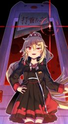 Rule 34 | 1girl, akai haato, akai haato (casual), alternate costume, blonde hair, blood, blood splatter, blush, dark persona, fang, guillotine, haaton (akai haato), hair ornament, hairclip, hand on own hip, heart, heart hair ornament, highres, hololive, jacket, long hair, looking at viewer, nail polish, open mouth, ponytail, red eyes, ronnie l, solo, sparkle, thighhighs, very long hair, virtual youtuber, zettai ryouiki