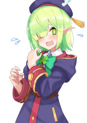 Rule 34 | absurdres, aoi (princess connect!), blunt bangs, bow, dress, green bow, green eyes, hair over one eye, hat, hat tassel, highres, isocha, open mouth, pointy ears, princess connect!, purple dress, purple headwear, short hair, simple background, sleeves past elbows, teardrop, wavy mouth, white background