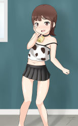 Rule 34 | animal print, bare arms, bare legs, belly, black choker, black skirt, blunt bangs, blush, breasts, brown eyes, brown hair, camisole, choker, cow print, fang, hand on own face, highres, medium hair, midriff, miniskirt, navel, neck bell, open mouth, original, raised eyebrows, skirt, small breasts, standing, strap slip, swept bangs, wall, wavy mouth, xtaylormoonx