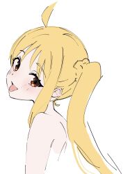 Rule 34 | 1girl, ahoge, bare shoulders, blonde hair, bocchi the rock!, commentary request, detached ahoge, from side, highres, ijichi nijika, looking at viewer, red eyes, side ponytail, simple background, sketch, solo, tongue, tongue out, ukitaryu, white background