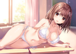 Rule 34 | 10s, 1girl, amanashi nui, arm support, arm up, ass, bare legs, bare shoulders, bikini, blush, boku no kanojo sensei, breast press, breasts, brown eyes, brown hair, chalkboard, classroom, cleavage, cleft of venus, collarbone, curtains, day, desk, eyelashes, feet out of frame, female focus, fingernails, flower, hair between eyes, hair flower, hair ornament, highres, indoors, large breasts, leaf, lens flare, light rays, lips, looking at viewer, lying, navel, official art, on desk, on side, open mouth, oryo (oryo04), own hands clasped, own hands together, plant, school, shade, short hair, side-tie bikini bottom, smile, solo, stomach, string, sunbeam, sunlight, swimsuit, thighs, tongue, tree, underboob, wall, white bikini, window