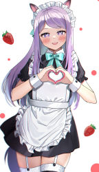 Rule 34 | 1girl, :d, absurdres, alternate costume, animal ears, apron, bad id, bad pixiv id, black dress, black thighhighs, blue bow, blush, bow, collared dress, dress, enmaided, food, frilled apron, frills, fruit, garter straps, heart, heart hands, highres, horse ears, horse girl, horse tail, kubong, long hair, looking at viewer, maid, maid apron, maid headdress, mejiro mcqueen (umamusume), open mouth, puffy short sleeves, puffy sleeves, purple eyes, purple hair, short sleeves, simple background, smile, solo, strawberry, swept bangs, tail, teeth, thighhighs, umamusume, upper teeth only, very long hair, white apron, white background