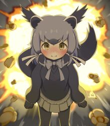 Rule 34 | 1girl, :i, animal ears, binturong (kemono friends), binturong girl, black gloves, blush, bow, bowtie, explosion, food, frilled sleeves, frills, fur trim, gloves, grey hair, grey pantyhose, grey sweater, hair between eyes, highres, kemono friends, kemono friends 3, long sleeves, looking at viewer, multicolored hair, nose blush, onefiresticks, pantyhose, pleated skirt, popcorn, pout, puffy sleeves, short hair, sidelocks, skirt, solo, sweater, tail, two-tone hair, white fur, white skirt, yellow eyes