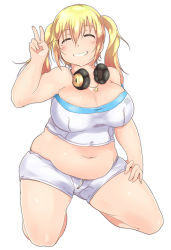 Rule 34 | 1girl, bandeau, bare shoulders, blonde hair, blush, breasts, cleavage, closed eyes, facing viewer, headphones, headphones around neck, heo (tkgm), huge breasts, midriff, navel, nitroplus, plump, short hair, smile, solo, strapless, super pochaco, thick arms, tube top, twintails, v