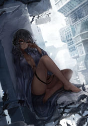 1girl apt barefoot black_gloves blue_eyes blue_hair breasts cleavage dark-skinned_female dark_skin demon_girl dutch_angle feet female_focus gloves grey_theme highres horns large_breasts looking_at_viewer matching_hair/eyes original rain raincoat single_glove sitting slit_pupils solo toes wet wet_hair