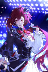 1girl absurdres alternate_costume alternate_hairstyle black_dress black_gloves blush commentary crown dress elesis_(elsword) elsword gloves grin gyoju_(0x0) half_gloves highres idol idol_clothes long_hair long_sleeves looking_at_viewer mini_crown neck_ribbon red_eyes red_hair red_ribbon ribbon side_ponytail single_glove smile solo split-color_clothes two-tone_dress very_long_hair white_dress