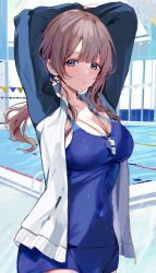 Rule 34 | 1girl, absurdres, arms up, blue eyes, blue one-piece swimsuit, blue shorts, blush, breasts, brown hair, character request, cleavage, highres, indoors, jacket, large breasts, long hair, looking at viewer, low tied hair, one-piece swimsuit, pool, project sekai, shorts, sidelocks, swimsuit, tomura2maru, water, whistle, whistle around neck