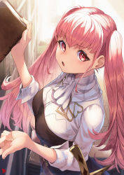 Rule 34 | 1girl, book, breasts, female focus, fire emblem, fire emblem: three houses, from side, garreg mach monastery uniform, highres, hilda valentine goneril, holding, holding book, large breasts, long hair, looking to the side, matching hair/eyes, nakabayashi zun, nintendo, open mouth, pink eyes, pink hair, solo, twintails, uniform, upper body