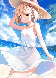 Rule 34 | .com (bot com1), 1girl, :d, arm up, bare arms, bare shoulders, blonde hair, blue sky, cloud, cowboy shot, day, dress, grin, hair ribbon, hat, highres, looking at viewer, lycoris recoil, nishikigi chisato, ocean, open mouth, outdoors, parted lips, red eyes, red ribbon, ribbon, see-through, short hair, sky, sleeveless, sleeveless dress, smile, solo, straw hat, sundress, water, white dress, yellow hat