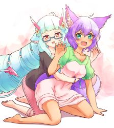 Rule 34 | 2girls, :d, absurdres, animal ear fluff, animal ears, arm support, barefoot, black shirt, blue-framed eyewear, blue hair, blush, breasts, claw pose, collarbone, commentary request, delmin (show by rock!!), dragon girl, dragon horns, dragon tail, dress, drill hair, fang, flower, green eyes, hair between eyes, hair flower, hair ornament, hand up, highres, horns, hug, hug from behind, kneeling, long hair, looking at viewer, medium breasts, multiple girls, nyama, open mouth, pink dress, pink shorts, puffy short sleeves, puffy sleeves, purple hair, red eyes, ruhuyu (show by rock!!), semi-rimless eyewear, shirt, short hair, short sleeves, shorts, show by rock!!, smile, tail, twin drills, under-rim eyewear, v-shaped eyebrows, very long hair, wolf ears, wolf girl, wolf tail, yellow flower