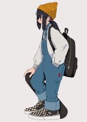 Rule 34 | 1girl, backpack, bag, beanie, black bag, black eyes, black hair, blue overalls, checkered footwear, commentary, denim, from side, full body, hand in pocket, hat, highres, holding, holding skateboard, long sleeves, low twintails, medium hair, nao97122, original, overalls, profile, shoes, sidelocks, simple background, skateboard, sneakers, solo, standing, sweater, twintails, vans, white background, white sweater, yellow hat, zipper, zipper pull tab