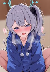 Rule 34 | 1girl, absurdres, blue archive, blue halo, blue hoodie, blush, braid, grey hair, halo, heart, highres, hood, hoodie, implied sex, long hair, miyako (blue archive), miyako (young) (blue archive), nayamy, one side up, open mouth, pom pom (clothes), puffy short sleeves, puffy sleeves, purple eyes, short sleeves, solo